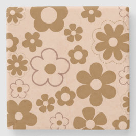Posavasos De Piedra Patrón de flor hippie de otoño retro y 2K marrón
