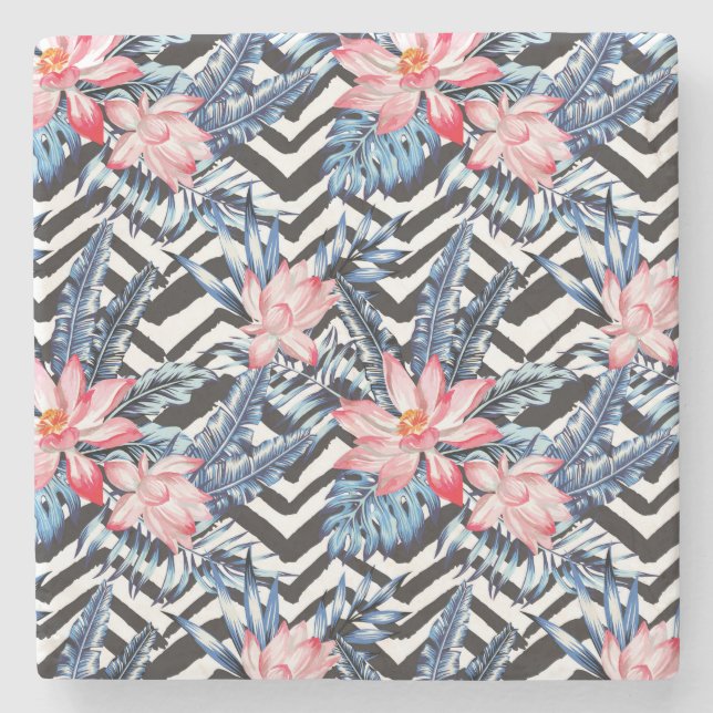 Posavasos De Piedra Patrón de flor tropical Lotus (Anverso)