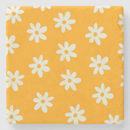 Posavasos De Piedra Patrón de flor Y2K del retro blanco amarillo