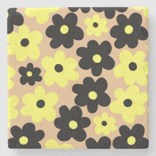 Posavasos De Piedra Patrón de flores hippie amarillo y negro elegante