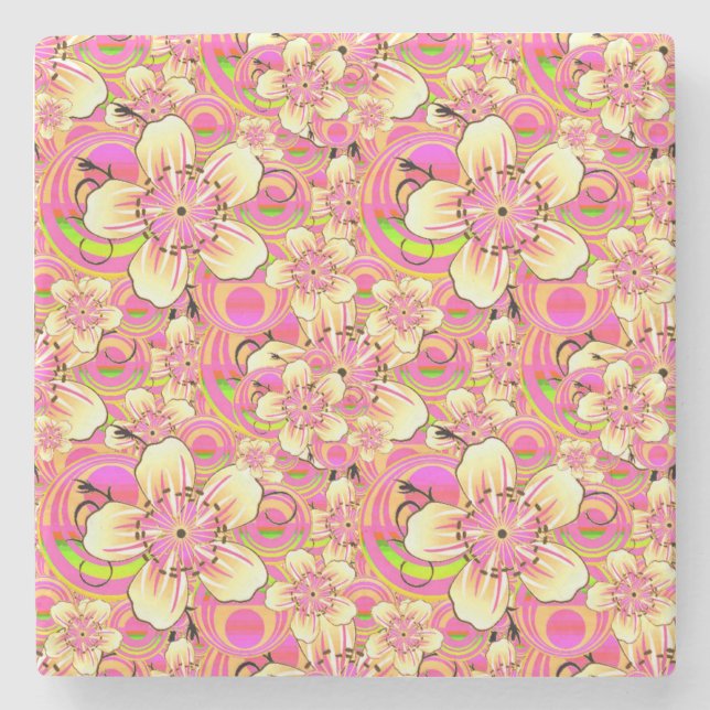 Posavasos De Piedra patrón de flores rosadas groovy (Anverso)
