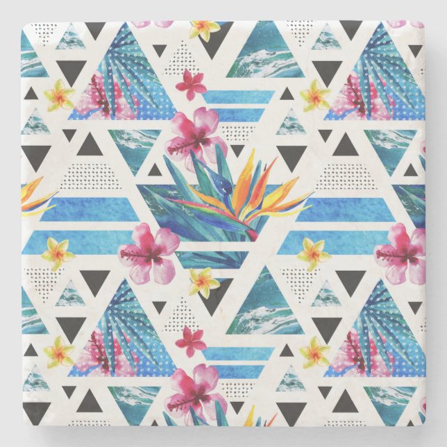 Posavasos De Piedra Patrón de flores tropicales geométricas (Anverso)