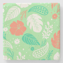 Posavasos De Piedra Patrón de follaje tropical verde y Naranja