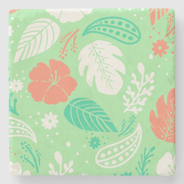 Posavasos De Piedra Patrón de follaje tropical verde y Naranja (Anverso)