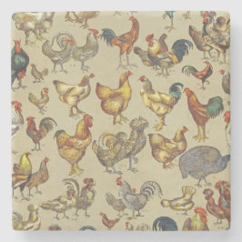 Posavasos De Piedra Patrón de gallo vintage: Arte de granja