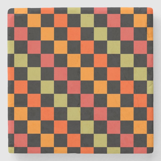 Posavasos De Piedra Patrón de Gingham de naranja Black Checkered (Anverso)