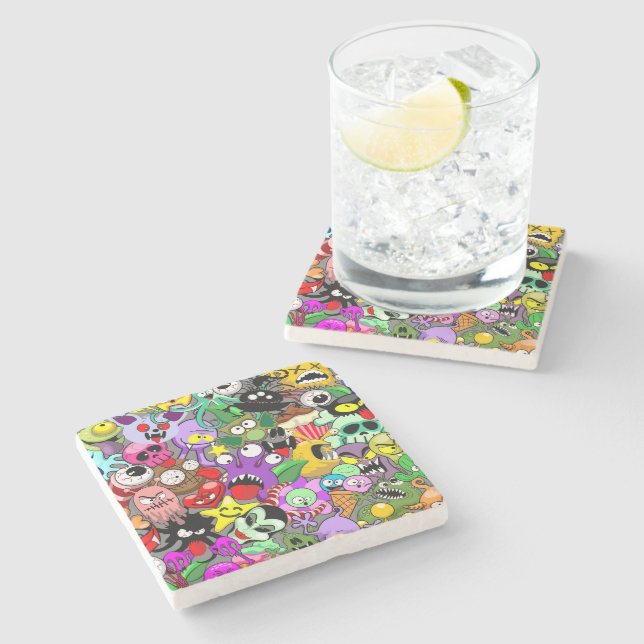 Posavasos De Piedra Patrón de Halloween de personajes adorables (Lateral)