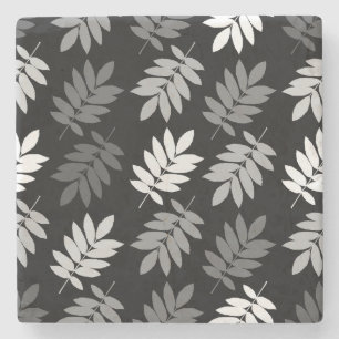 Posavasos De Piedra Patrón de hoja de anciano negro blanco gris