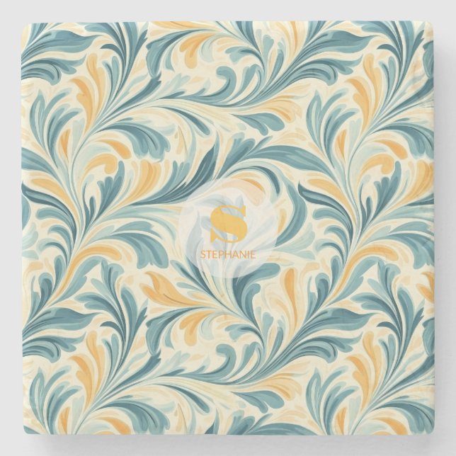 Posavasos De Piedra Patrón de hoja verde esmeralda y paisley de oro (Anverso)