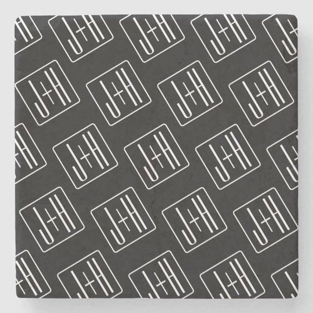 Posavasos De Piedra Patrón de iniciales de boda modernos | Negro y bla (Anverso)