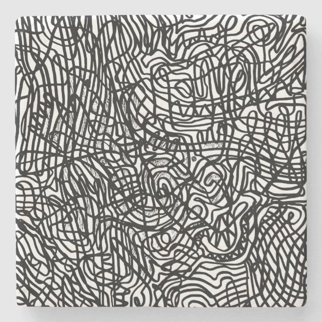 Posavasos De Piedra Patrón de líneas blancas y negras abstractas (Anverso)