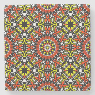 Posavasos De Piedra Patrón de Mandala rojo, blanco, amarillo y negro