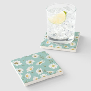 Posavasos De Piedra Patrón de margarita, fondo Verde azulado