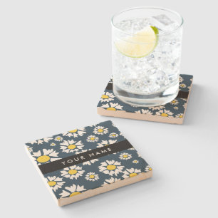 Posavasos De Piedra Patrón de margaritas, margaritas blancas, tu nombr