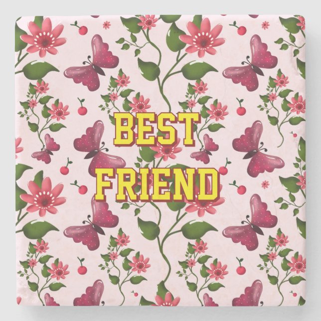 Posavasos De Piedra Patrón de mariposa floral personalizado y personal (Anverso)