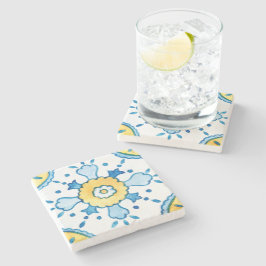 Posavasos De Piedra Patrón de mosaico azul y amarillo marroquí