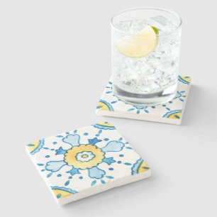 Posavasos De Piedra Patrón de mosaico azul y amarillo marroquí