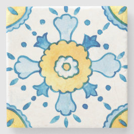 Posavasos De Piedra Patrón de mosaico azul y amarillo marroquí