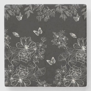 Posavasos De Piedra Patrón de naturaleza floral en blanco y negro Mini