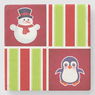 Posavasos De Piedra Patrón De Navidades Con Hombres De Nieve Y Pingüin