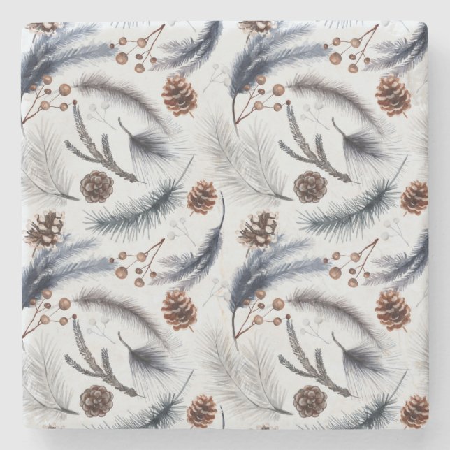 Posavasos De Piedra Patrón de Navidades de agujas de pino y pino (Anverso)