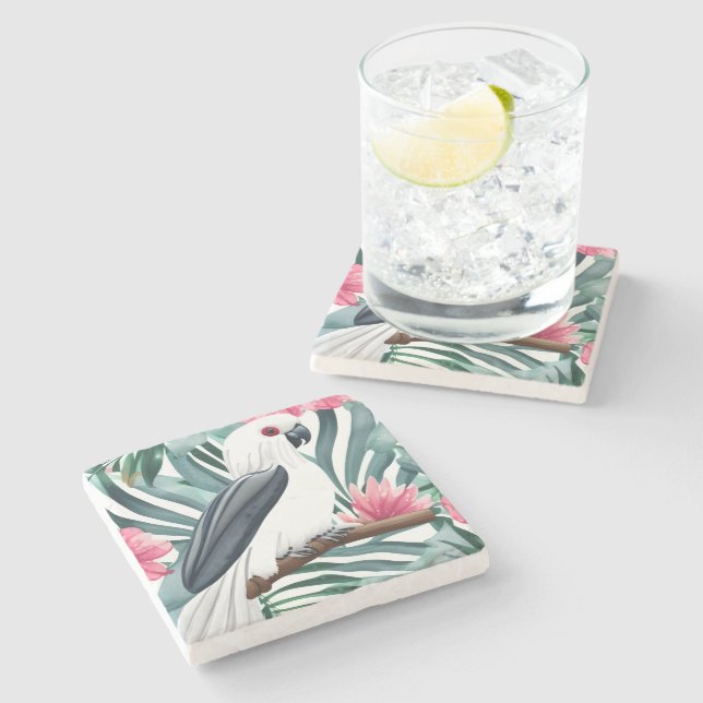 Posavasos De Piedra Patrón de pájaro de loro blanco tropical (Lateral)