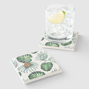 Posavasos De Piedra Patrón de palma de jungla de acuarela tropical de 