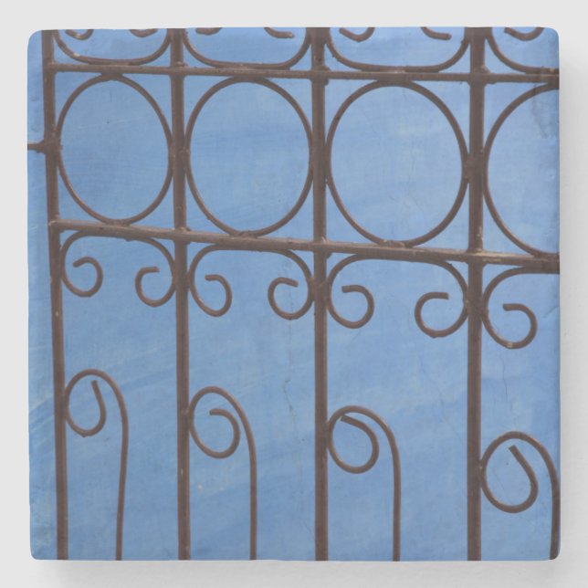 Posavasos De Piedra Patrón de portón de hierro en azul, Cuba (Anverso)