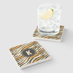 Posavasos De Piedra Patrón de rayas de tigre naranja negro Monograma