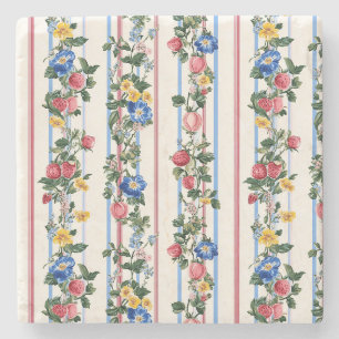Posavasos De Piedra Patrón de rayas florales de fresa vertical vintage