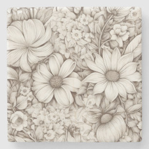 Posavasos De Piedra Patrón de Sepia Floral Vintage (5)