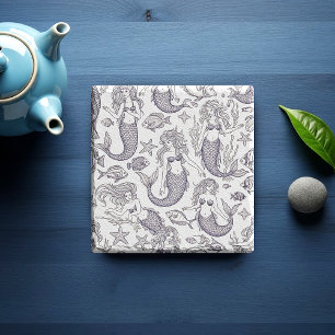 Posavasos De Piedra Patrón de Sirena Azul Vintage y Vida Marina