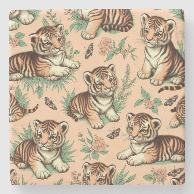Posavasos De Piedra Patrón de tigre de bebé de cosecha blanca (Anverso)