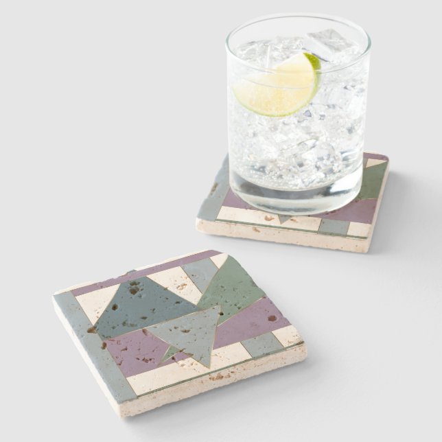 Posavasos De Piedra Patrón de triángulo geométrico verde violeta azul (Lateral)