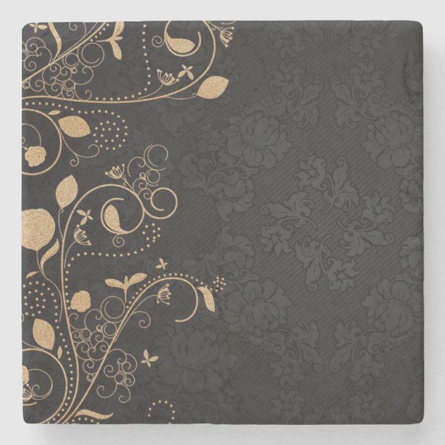 Posavasos De Piedra Patrón decorativo negro y dorado (Anverso)