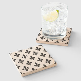 Posavasos De Piedra Patrón Fleur de Lis, francés real, negro sobre bla