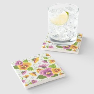 Posavasos De Piedra Patrón floral amarillo y rosa