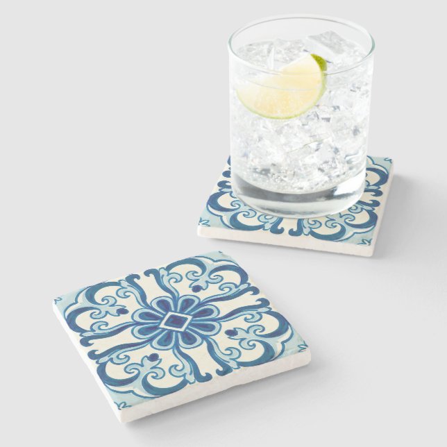 Posavasos De Piedra Patrón floral azul Azulejos portugués (Lateral)