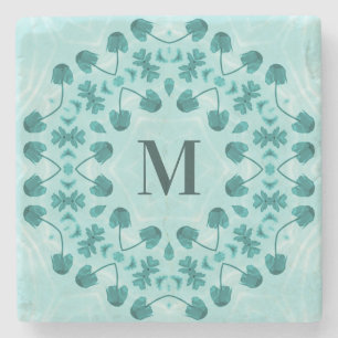 Posavasos De Piedra Patrón floral, azul Verde azulado inicial
