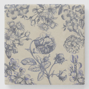 Posavasos De Piedra Patrón Floral Botánico Toile Azul Vintage Antiguo