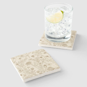 Posavasos De Piedra Patrón floral de arte de línea botánica sepia anti