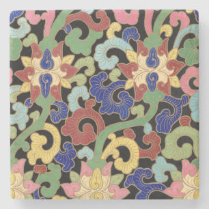 Posavasos De Piedra Patrón floral de chinoisería colorido sobre negro