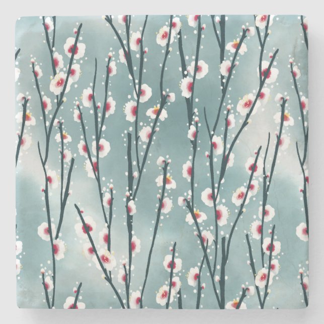 Posavasos De Piedra Patrón floral de ciruela de primavera (Anverso)