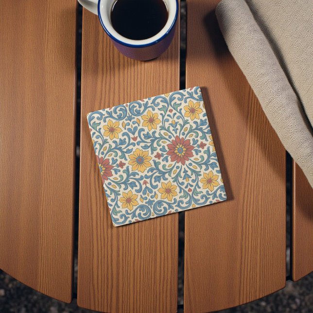 Posavasos De Piedra Patrón floral mediterráneo blanco portugués (White Portuguese Mediterranean Floral Pattern Stone Coaster
)