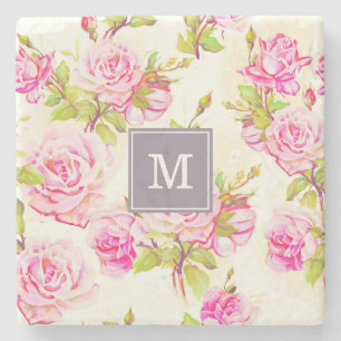 Posavasos De Piedra Patrón floral personalizado Rosa antiguo Monograma