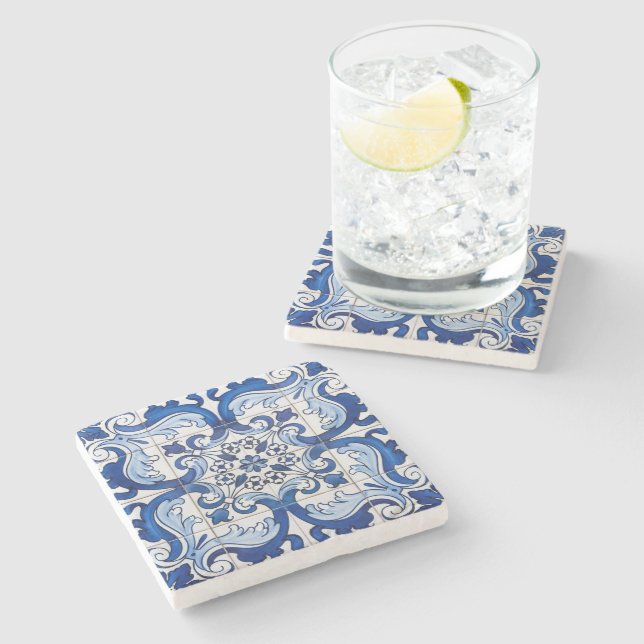 Posavasos De Piedra Patrón floral portugués Azulejo (Lateral)