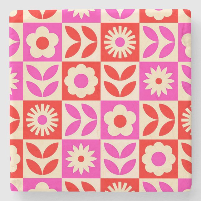 Posavasos De Piedra Patrón floral retro vibrante (Anverso)