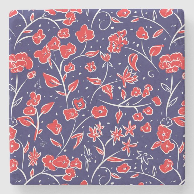 Posavasos De Piedra Patrón floral rojo y azul (Anverso)