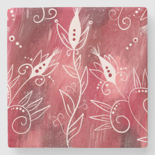 Posavasos De Piedra Patrón floral rojo y blanco