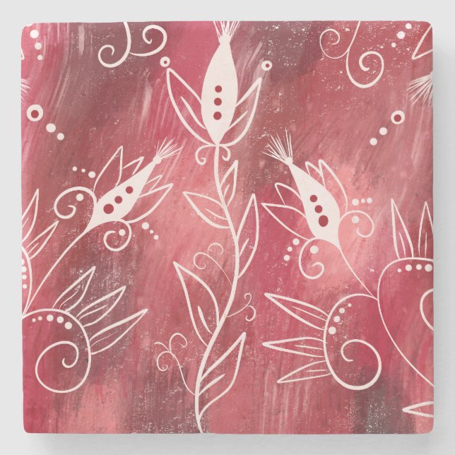 Posavasos De Piedra Patrón floral rojo y blanco (Anverso)